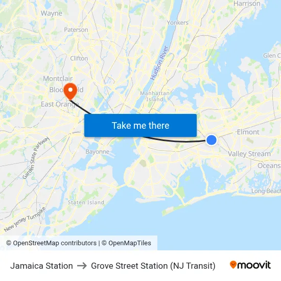 Jamaica Station to Grove Street Station (NJ Transit) map
