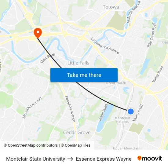 Montclair State University to Essence Express Wayne map
