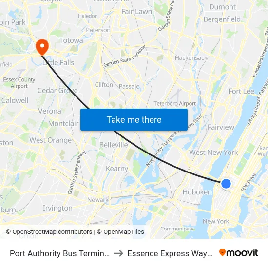 Port Authority Bus Terminal to Essence Express Wayne map