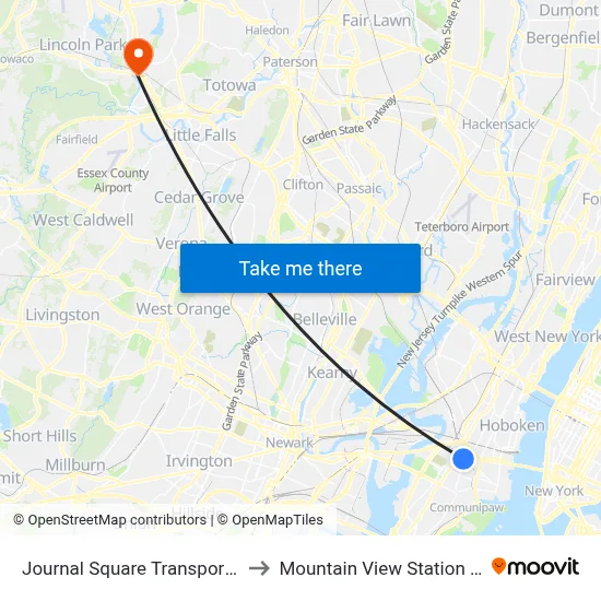 Journal Square Transportation Center to Mountain View Station (NJ Transit) map
