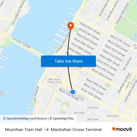 Moynihan Train Hall to Manhattan Cruise Terminal map