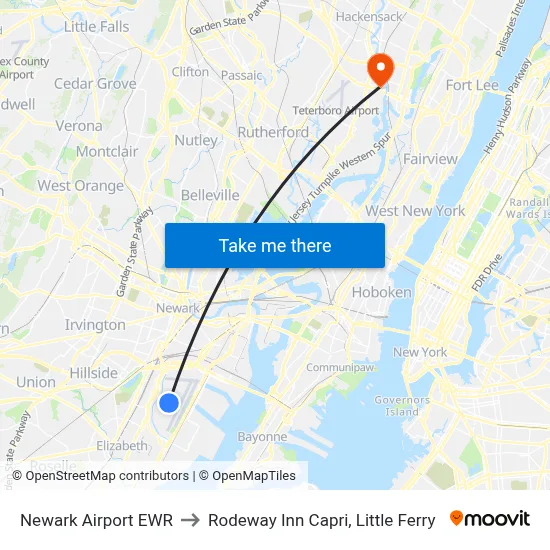 Newark Airport EWR to Rodeway Inn Capri, Little Ferry map