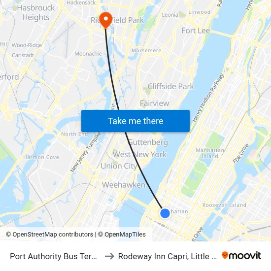 Port Authority Bus Terminal to Rodeway Inn Capri, Little Ferry map