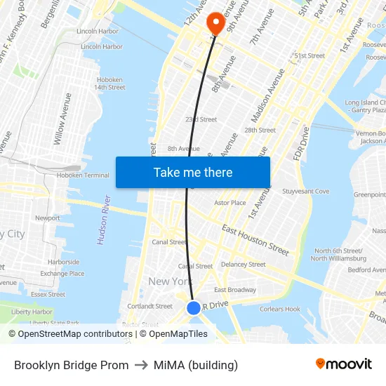 Brooklyn Bridge Prom to MiMA (building) map