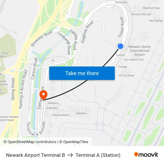 Newark Airport Terminal B to Terminal A (Station) map