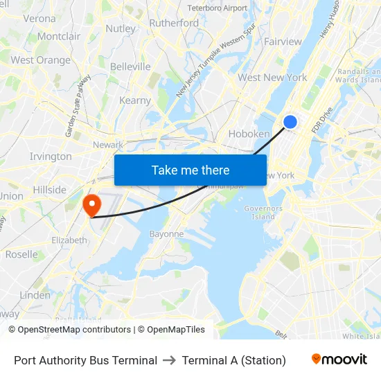 Port Authority Bus Terminal to Terminal A (Station) map