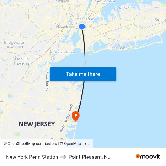 New York Penn Station to Point Pleasant, NJ map