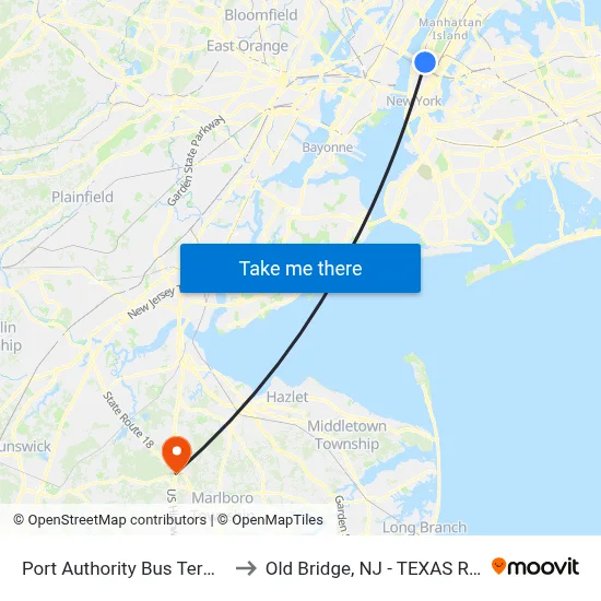 Port Authority Bus Terminal to Old Bridge, NJ - TEXAS ROAD map