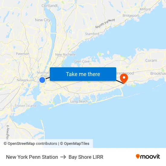 New York Penn Station to Bay Shore LIRR map