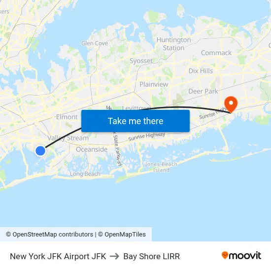 New York JFK Airport JFK to Bay Shore LIRR map