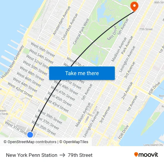 New York Penn Station to 79th Street map