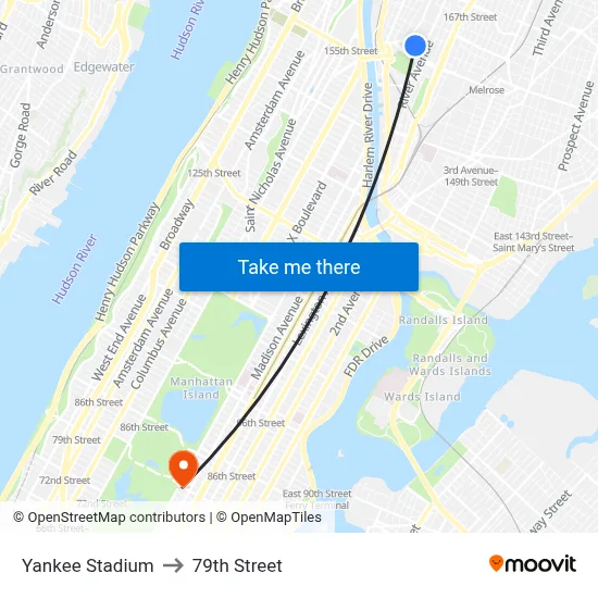 Yankee Stadium to 79th Street map