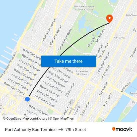 Port Authority Bus Terminal to 79th Street map
