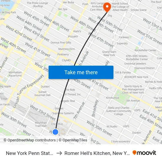 New York Penn Station to Romer Hell's Kitchen, New York map