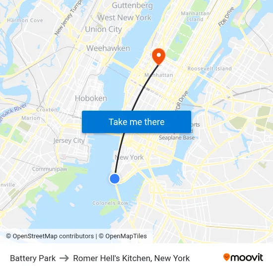 Battery Park to Romer Hell's Kitchen, New York map
