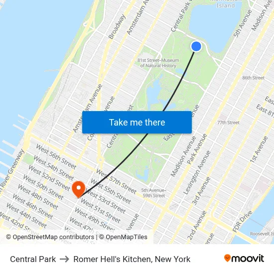 Central Park to Romer Hell's Kitchen, New York map