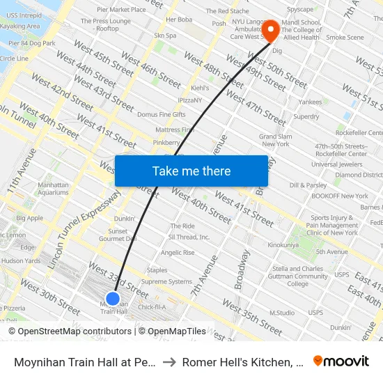 Moynihan Train Hall at Penn Station to Romer Hell's Kitchen, New York map