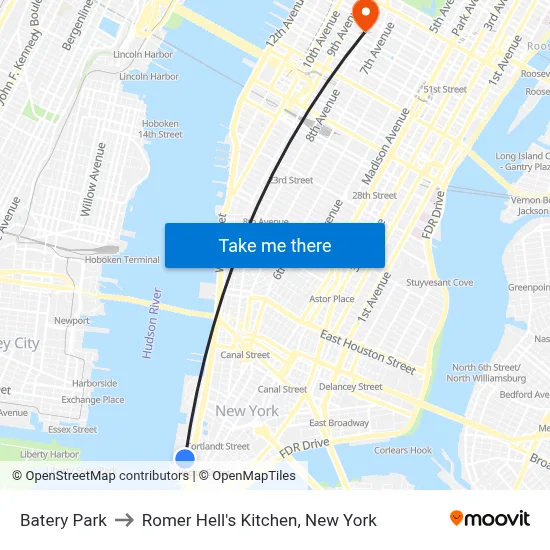 Batery Park to Romer Hell's Kitchen, New York map