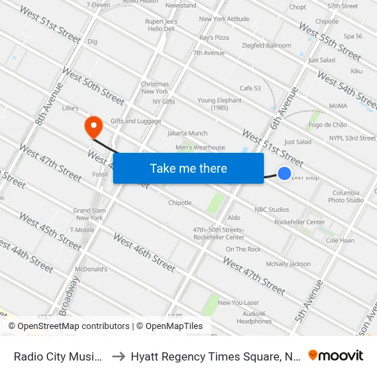 Radio City Music Hall to Hyatt Regency Times Square, New York map