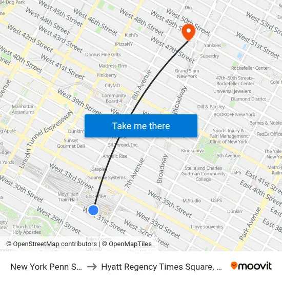 New York Penn Station to Hyatt Regency Times Square, New York map