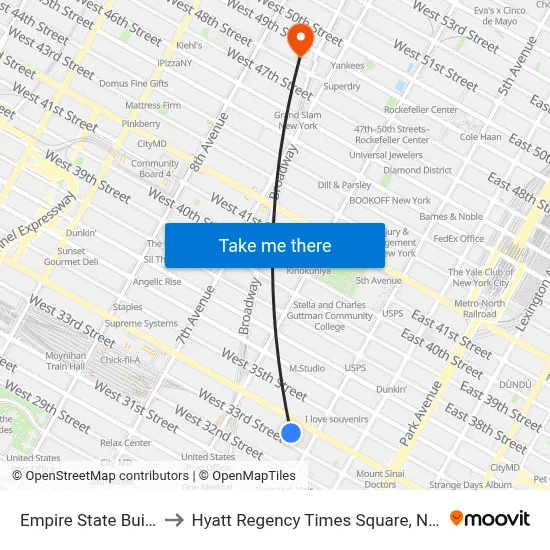 Empire State Building to Hyatt Regency Times Square, New York map