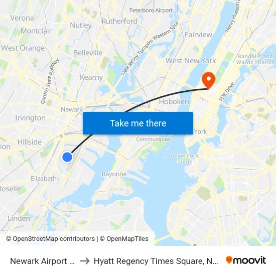 Newark Airport EWR to Hyatt Regency Times Square, New York map