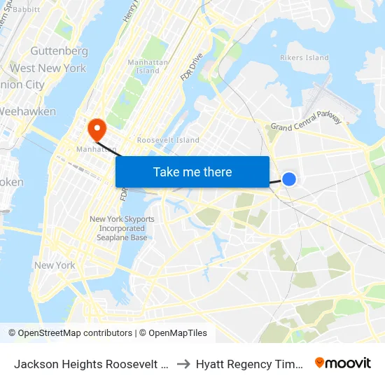 Jackson Heights Roosevelt Avenue 74th Street Station to Hyatt Regency Times Square, New York map