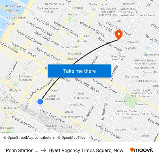 Penn Station NY to Hyatt Regency Times Square, New York map
