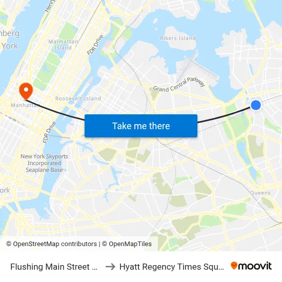 Flushing Main Street Station LIRR to Hyatt Regency Times Square, New York map