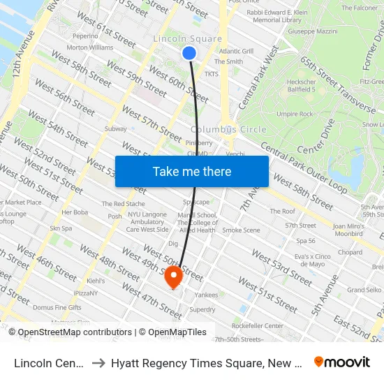 Lincoln Center to Hyatt Regency Times Square, New York map