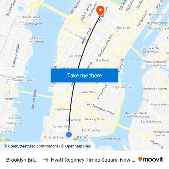 Brooklyn Bridge to Hyatt Regency Times Square, New York map