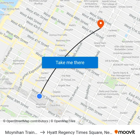 Moynihan Train Hall to Hyatt Regency Times Square, New York map