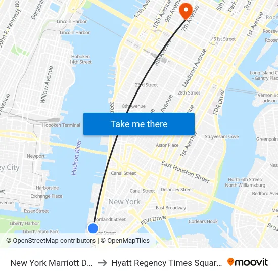 New York Marriott Downtown to Hyatt Regency Times Square, New York map