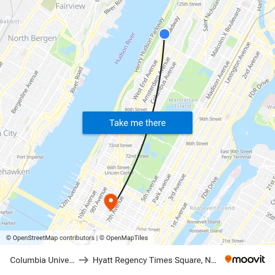 Columbia University to Hyatt Regency Times Square, New York map