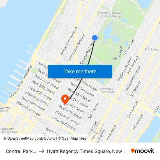 Central Park W to Hyatt Regency Times Square, New York map