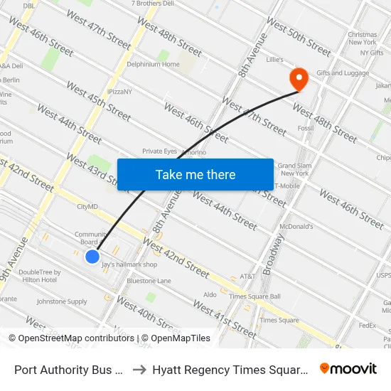 Port Authority Bus Terminal to Hyatt Regency Times Square, New York map