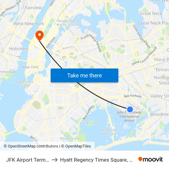 JFK Airport Terminal 4 to Hyatt Regency Times Square, New York map