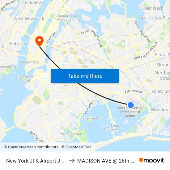 New York JFK Airport JFK to MADISON AVE @ 26th ST map