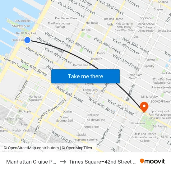 Manhattan Cruise Parking to Times Square–42nd Street Station map