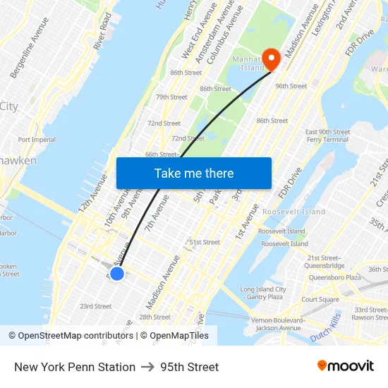 New York Penn Station to 95th Street map