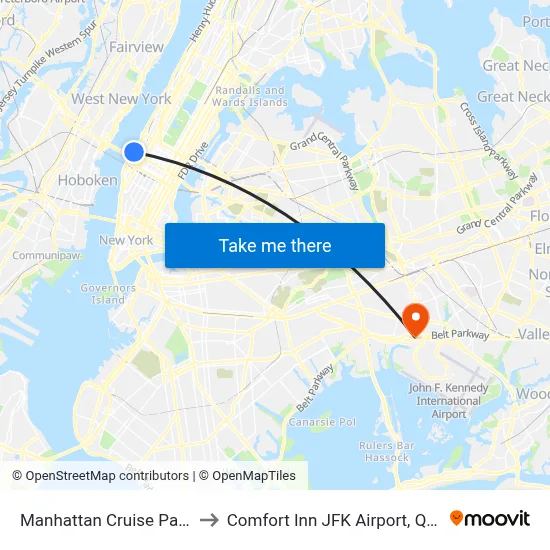 Manhattan Cruise Parking to Comfort Inn JFK Airport, Queens map
