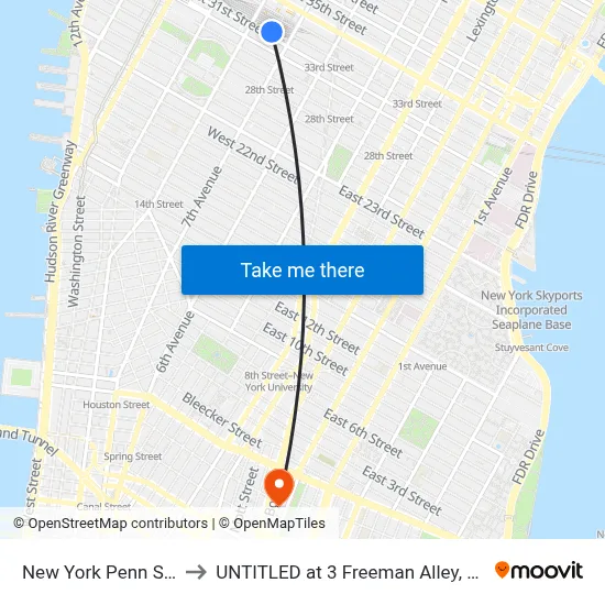 New York Penn Station to UNTITLED at 3 Freeman Alley, New York map
