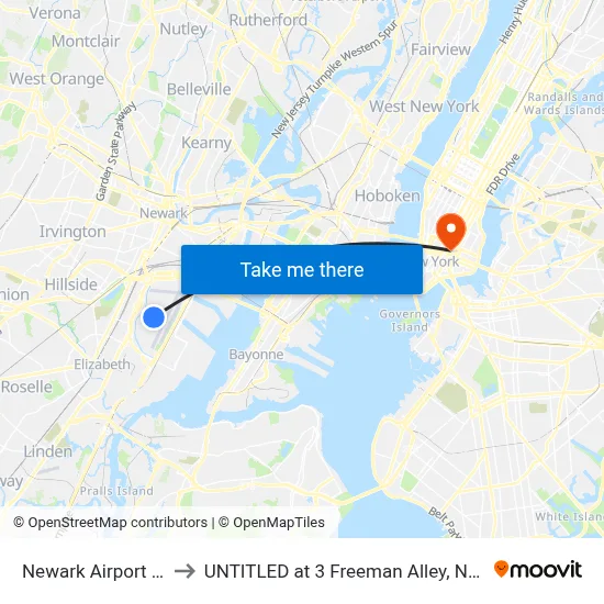 Newark Airport EWR to UNTITLED at 3 Freeman Alley, New York map