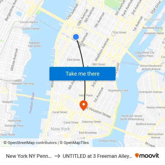 New York NY Penn Station to UNTITLED at 3 Freeman Alley, New York map