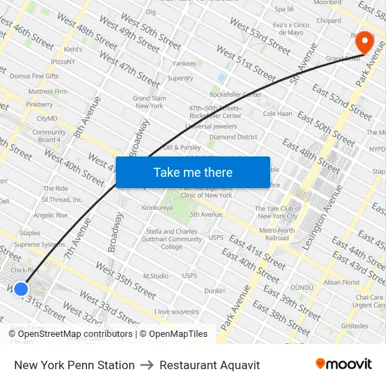 New York Penn Station to Restaurant Aquavit map