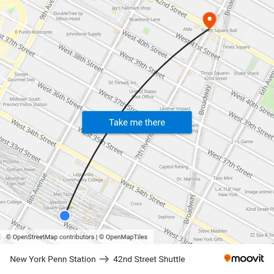 New York Penn Station to 42nd Street Shuttle map