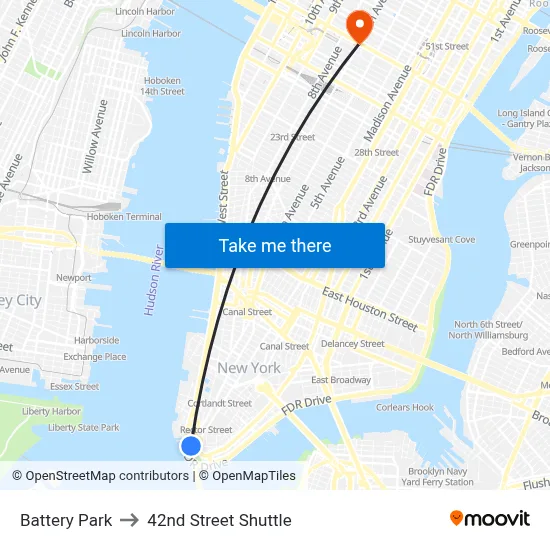 Battery Park to 42nd Street Shuttle map