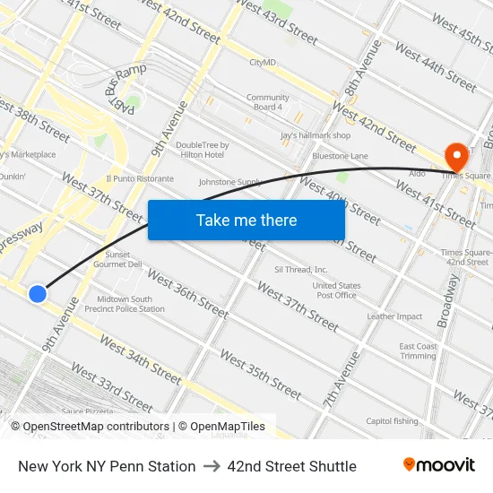 New York NY Penn Station to 42nd Street Shuttle map