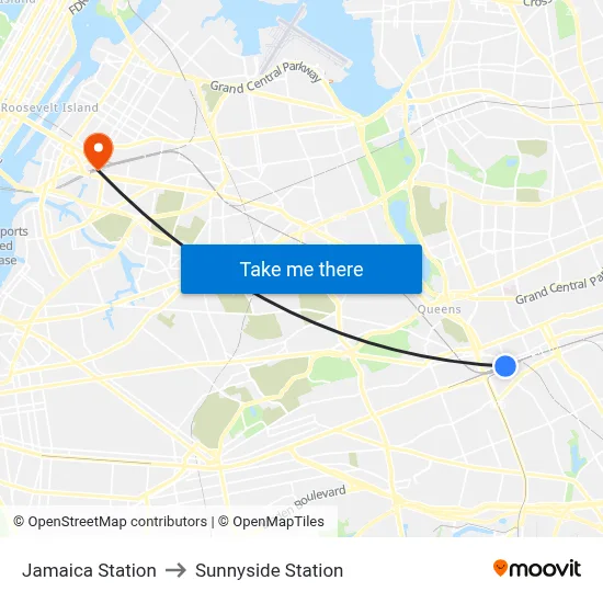 Jamaica Station to Sunnyside Station map