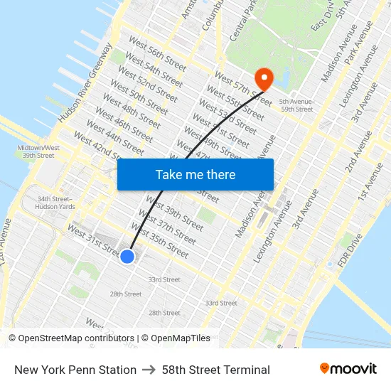 New York Penn Station to 58th Street Terminal map